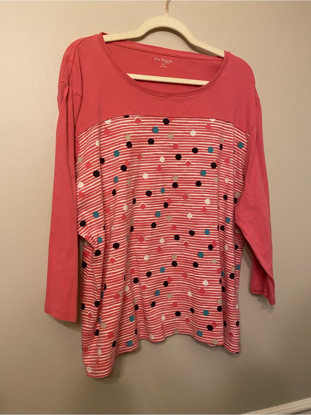 Kim Rogers Coral Striped Long Sleeve Tee with Polka Dot Print